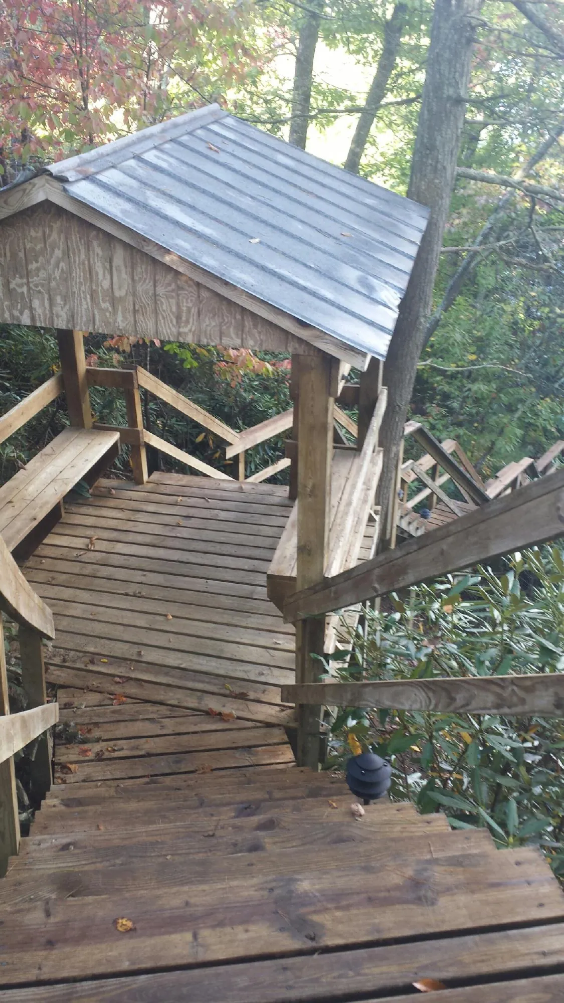 Metal roofed shelter over wooden steps on a wooded walkway — Skylight Repair & Installation work by our crew in Durango